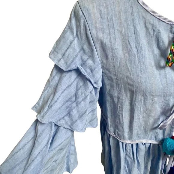 English Factory Blue Pom Pom Tie Top Tiered Sleeve Blouse Size Small - Picture 7 of 16